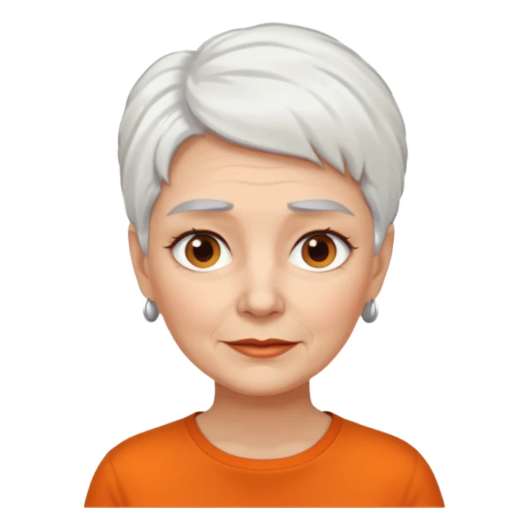 older white haired woman with orange shirt short white hair make eyebrows brown sticker