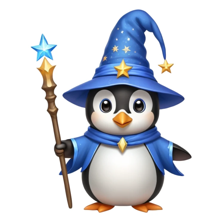 A cute penguin dressed as a wizard with a pointed blue hat with stars, holding a magical wand sticker