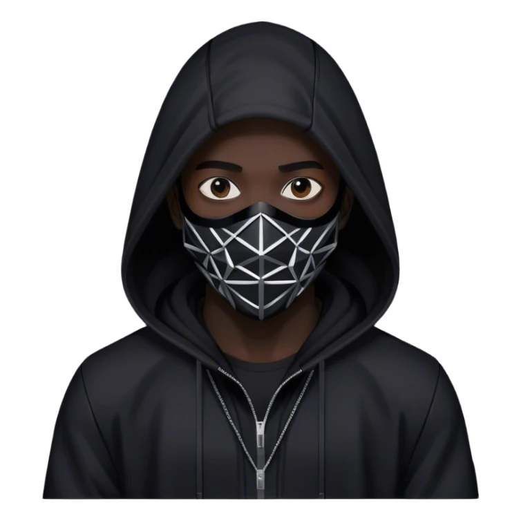 man with black hooded jacket and a only black full-face geometric mask sticker