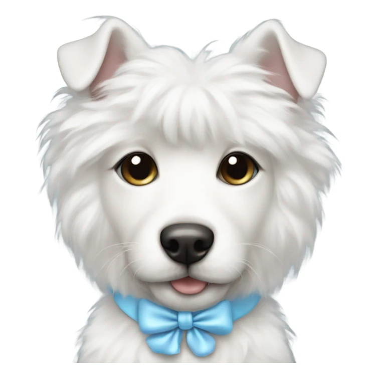 cute white furry dog with baby blue bow in hair and silver chain collar  sticker