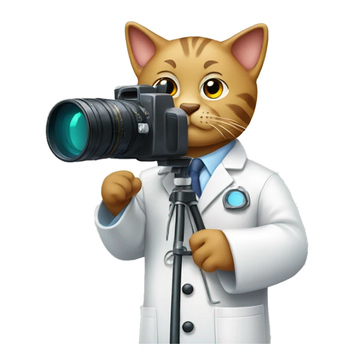 Cat Scientist taking a photo with a big camera while wearing a lab coat sticker