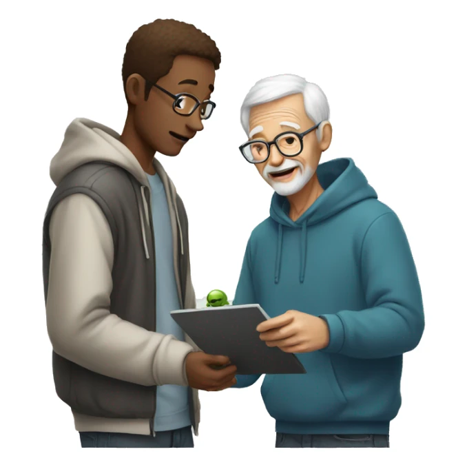 Young man with hoodie helping old man to learn how to use artificial intelligence  sticker