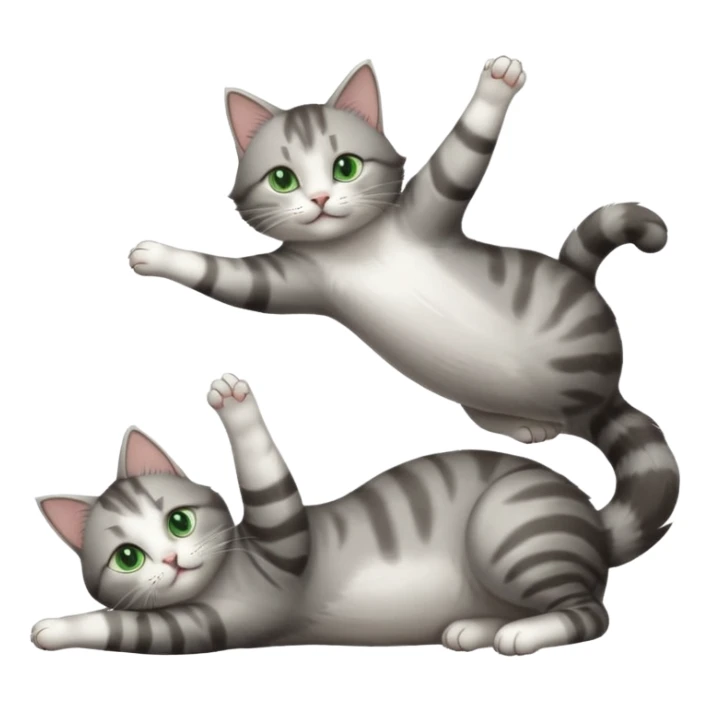 grey and white cat with green eyes doing a big extremely long stretch reaching up into the air with arms and legs side by side together straight and overextended whilst lying on its side sticker