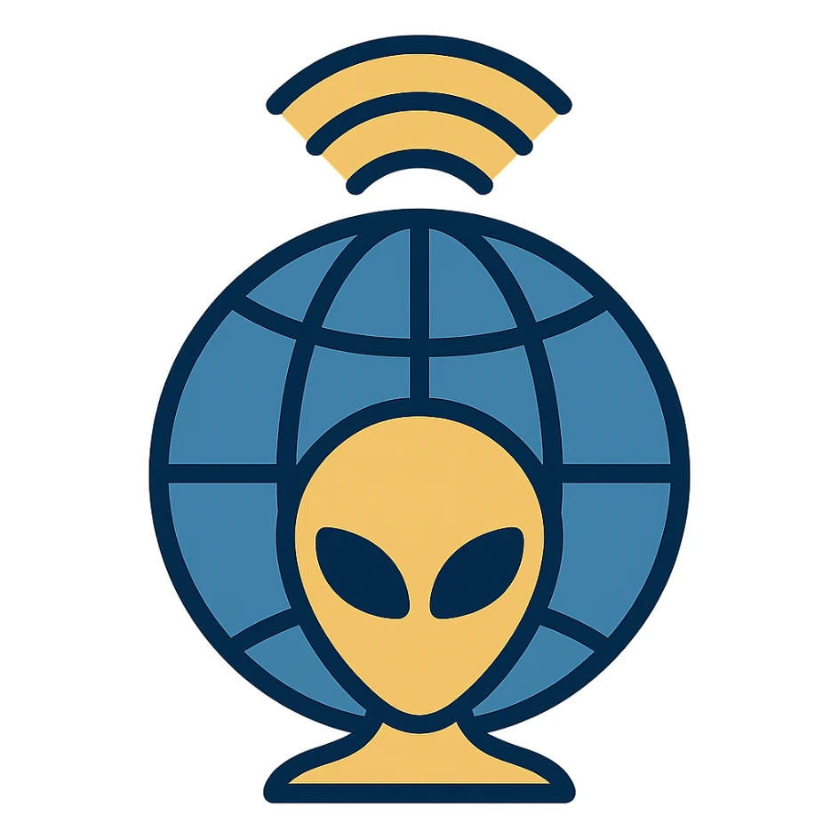 symbolic intelligence agency emblem for the search for extraterrestrial intelligence, featuring a globe, radio signals, and a minimalist alien silhouette, in navy and gold sticker