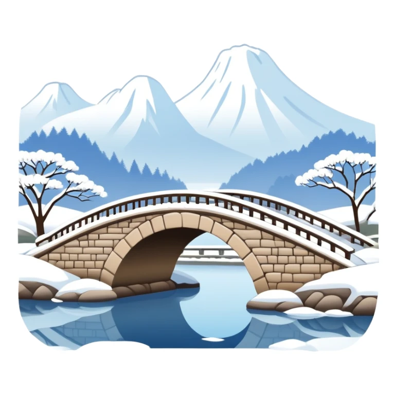 Remnant Snow on the Broken Bridge in Winter, West Lake Hangzhou, simplified emoji style with bold outlines, arch bridge with snow, water below sticker