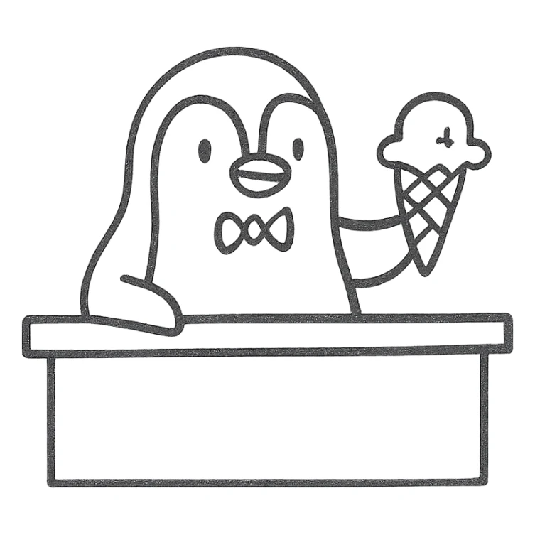 cute line drawing for coloring: a penguin serving ice cream behind a bar counter, simple line style, no fill, for children to color sticker