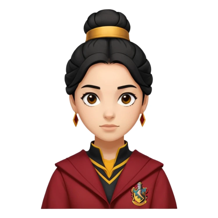 alicia spinnet in harry potter, wear hogwarts gryfindor uniform,  thick, black bun hair , reflecting her bold, stylish, and strong personality sticker