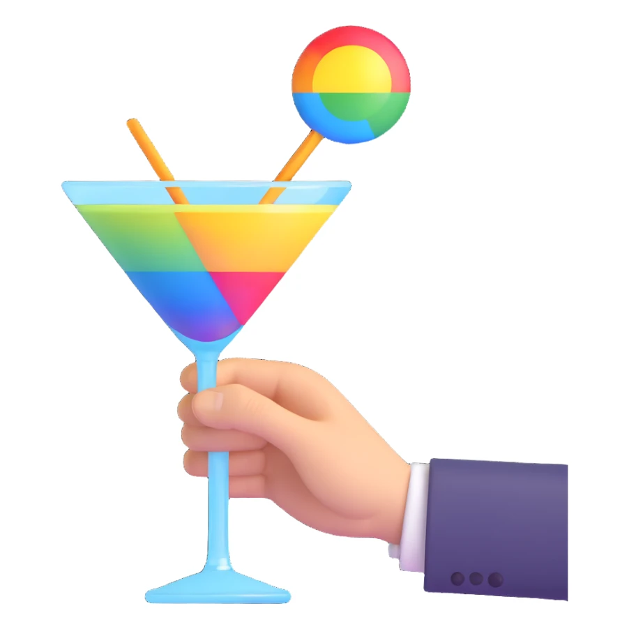 rock 'n' roll emoji hand gesture with a martini glass, rainbow colors sticker