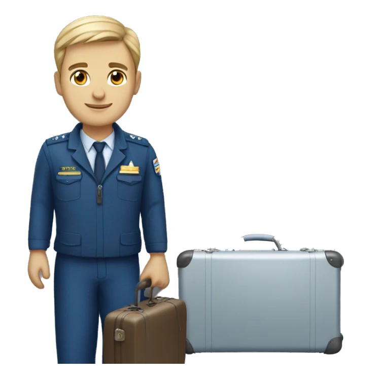 a light-skinned male pilot in a blue uniform with a suitcase sticker