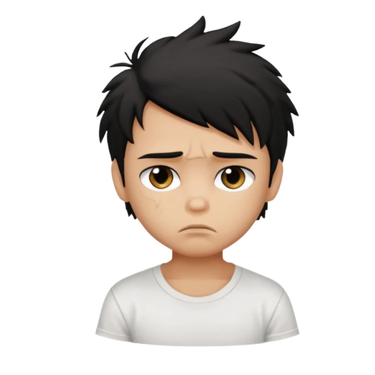 generate a pretty tan bratz boy with black messy hair looking sad. Wearing a white tshirt sticker
