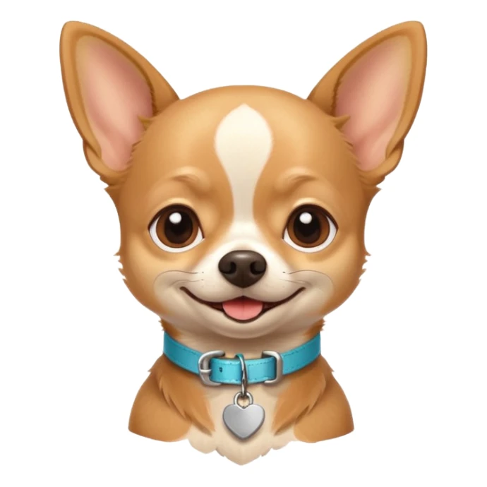 Chihuahua colored light brown with his name CHUG written on his collar  sticker