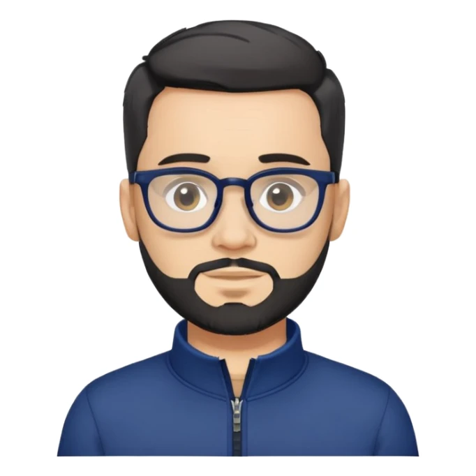 Light-skinned male with short black hair styled up, gray short beard, black-framed glasses, navy blue zip-collar sports long sleeve shirt sticker