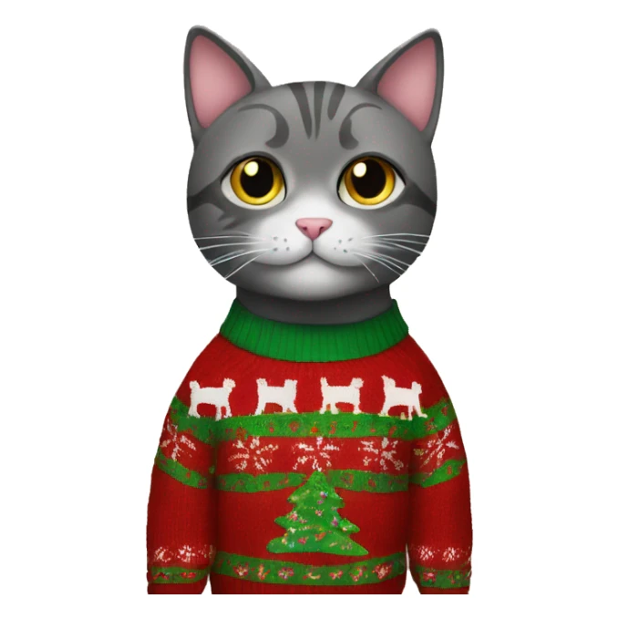 Cat wearing a Christmas sweater with the words lulu on the sweater sticker