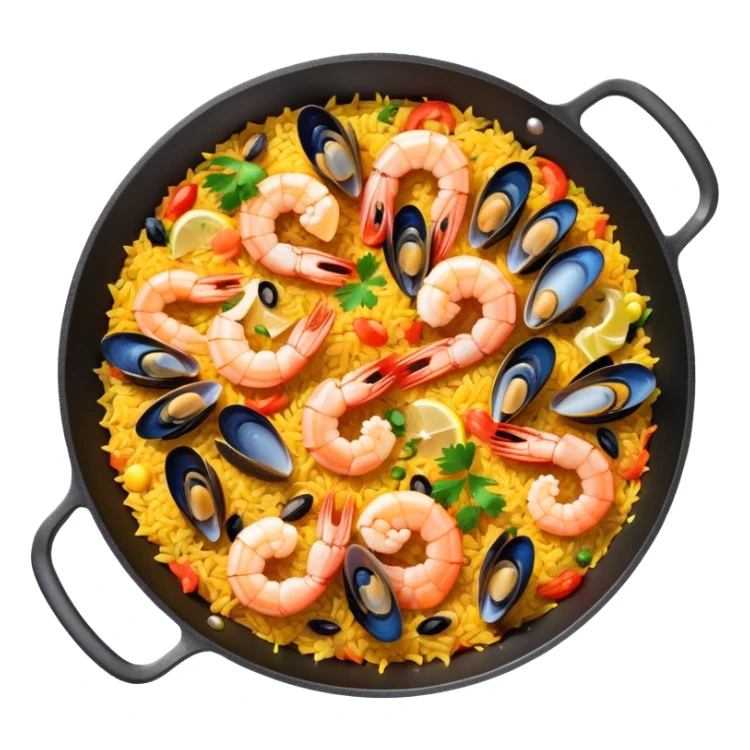seafood paella in a pan with shrimp, mussels, rice, and saffron sticker