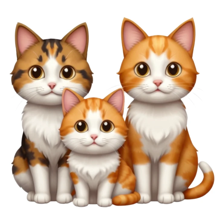 3 different coloured small cats including a dark brown tabby and white, and a patchy calico, and a ginger and white sticker