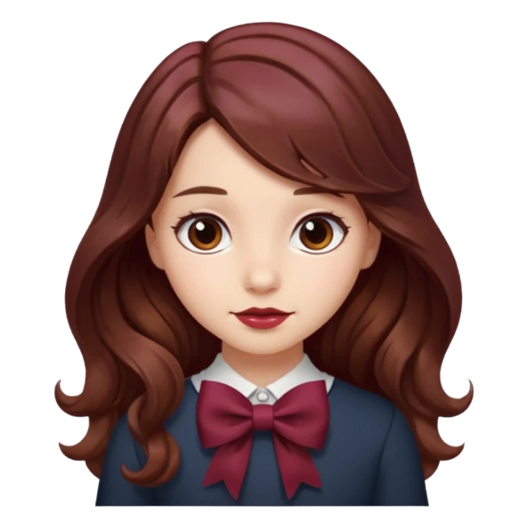 girl wavy long brown hair with a burgundy bow sticker