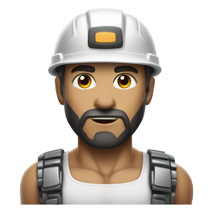 muscular cyborg face half human with short straight, dark hair, hardhat, and a neatly trimmed beard sticker
