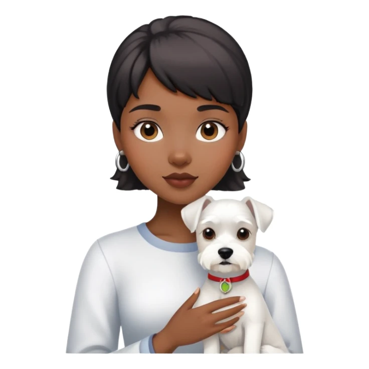 Black girl with short bangs holding a white schnauzer dog sticker