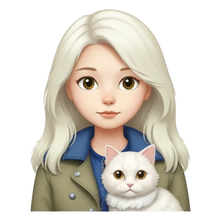 girl wear jacket with a British white Longhair cat sticker