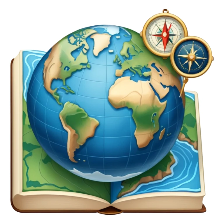 an icon featuring an earth with attitude and longitude lines, a textbook, and a topographic map, symbolizing geography as a science. The design includes a compass, mountain ranges, and rivers, representing the study of Earth's features and landscapes. Transparent background highlights geography. sticker