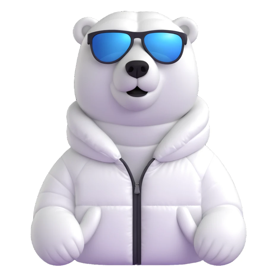 polar bear wearing a white puffer jacket and sunglasses sticker