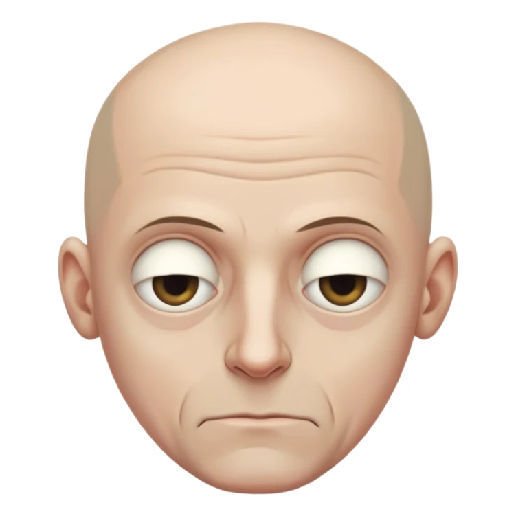 Steven Miller, bald, very grim expression, very narrow face, pronounced sagging eyelids lower on outer sides, bottom lip sticking out sticker