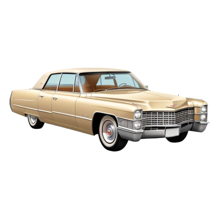Classic beige 1966 Cadillac DeVille at perfect 30-degree angle, showing detailed front end and sleek side profile, elegant vintage luxury car from Once Upon a Hollywood, iOS emoji style sticker