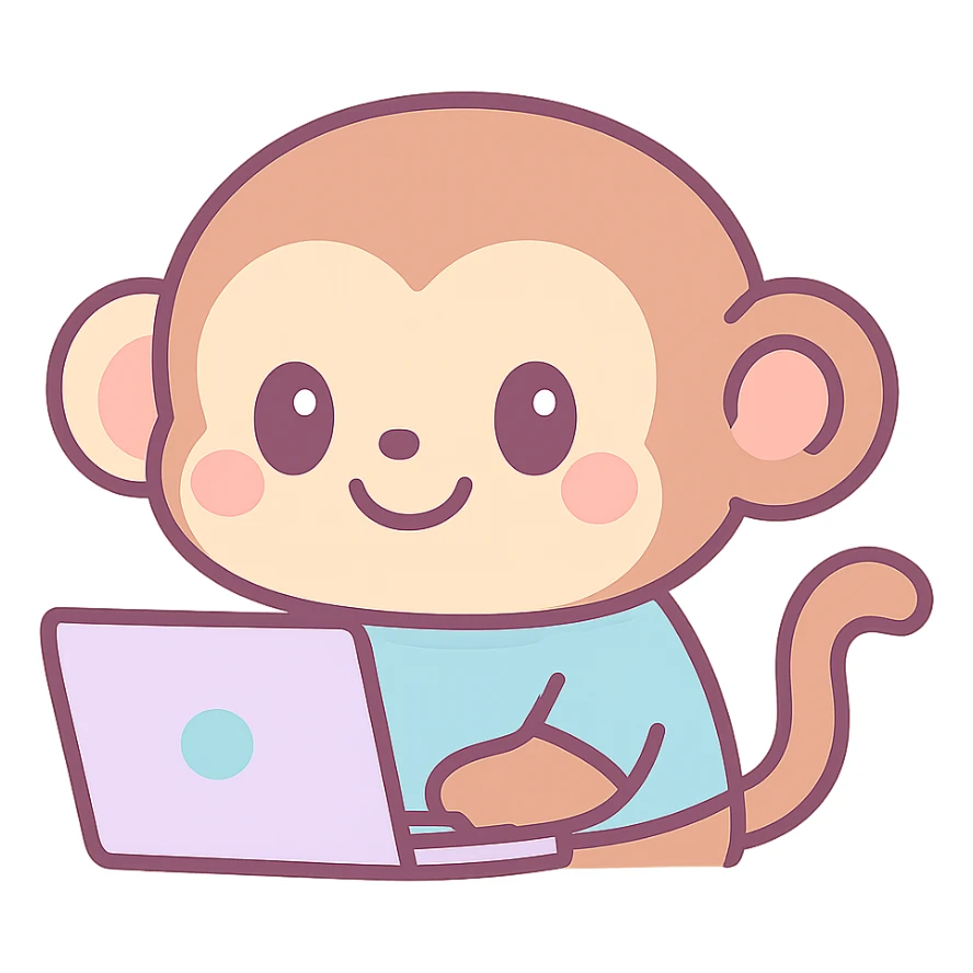 cute cartoon monkey using a laptop, smiling, wearing a blue shirt sticker