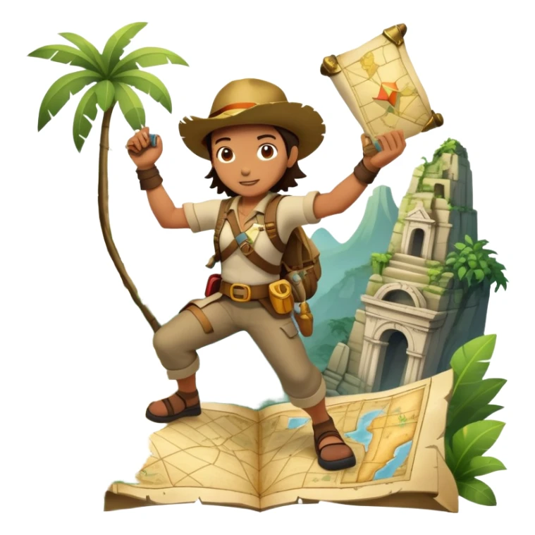 An icon featuring an adventurer in a dynamic action pose with treasure map, ancient ruins and jungle landscapes in the background. The design includes clues, hidden passages and climbing gear, symbolizing the thrill of exploration and discovery. Transparent background. sticker