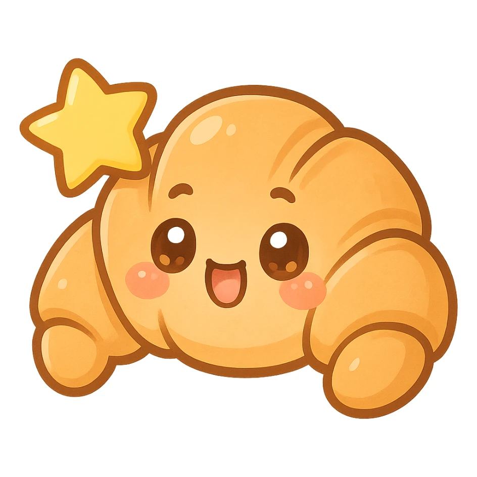 chibi sticker-style croissant with a big star, cute and exaggerated sticker