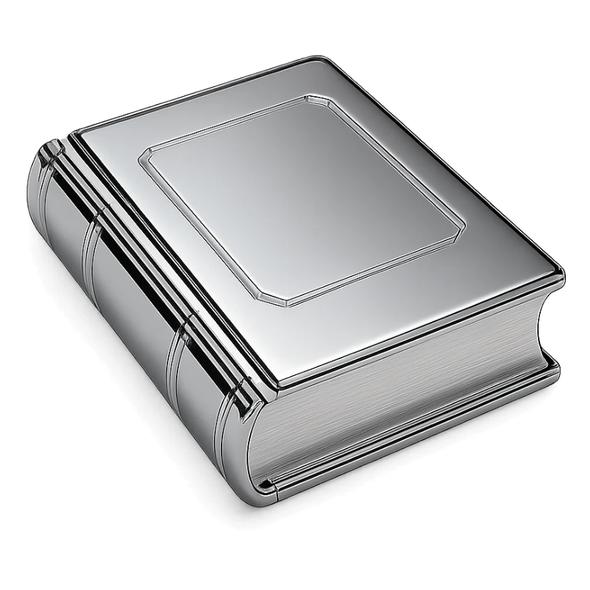 chrome style book, closed, metallic cover, polished edges, highly reflective sticker