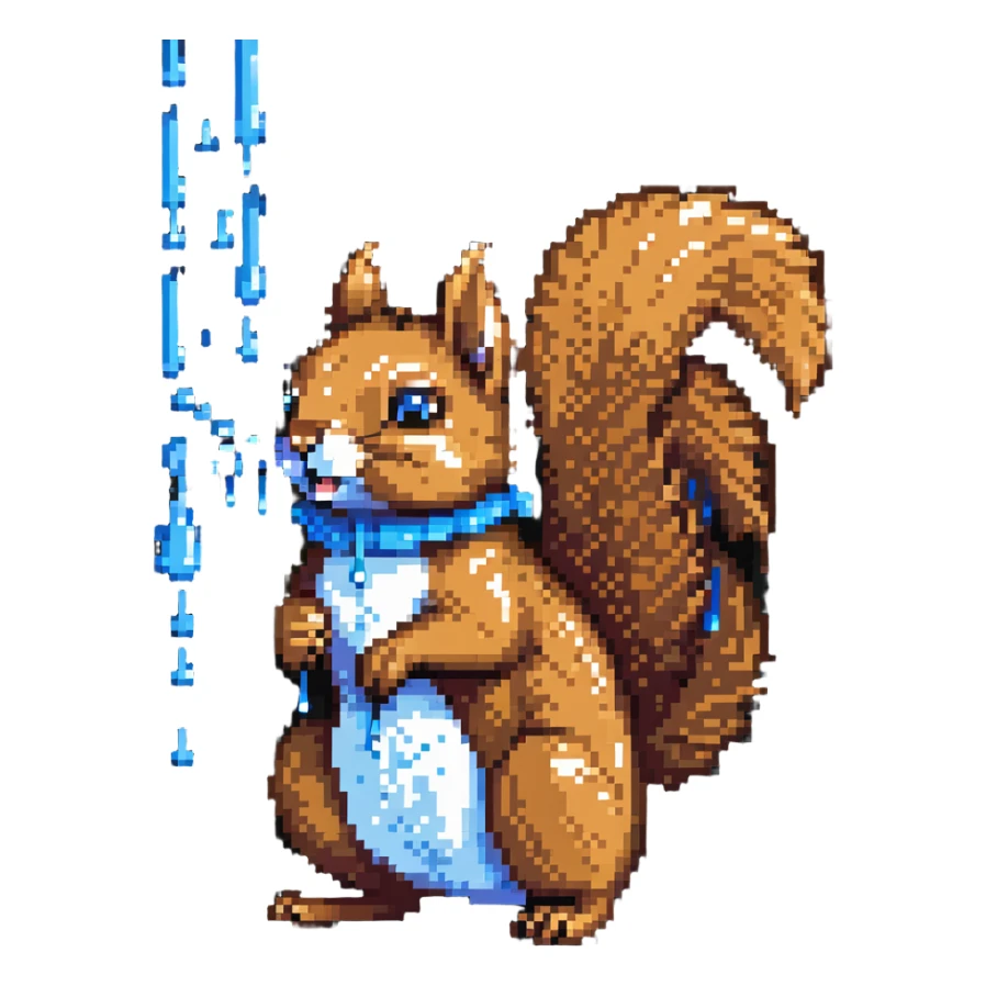 Pixel art squirrel with distinct brown fur, bushy tail, and obvious blue drool dripping from mouth in multiple pixel droplets sticker