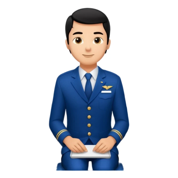 A  male courteous flight attendant checking seat rows with a polite, attentive posture. sticker