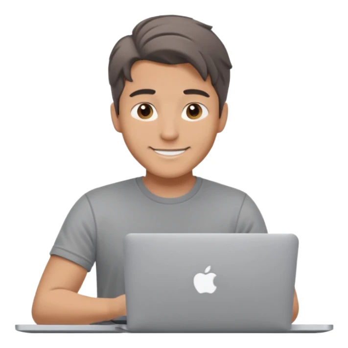A man in his mid 20s, middle part average dude with slightly droopy eyes, happy, using a MacBook (no logo), hero for an iOS developers website sticker