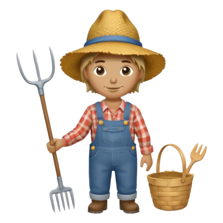 Scarecrow, Dressed like a farmer with overalls, straw hat, and a rake tucked in one arm, body on stick sticker