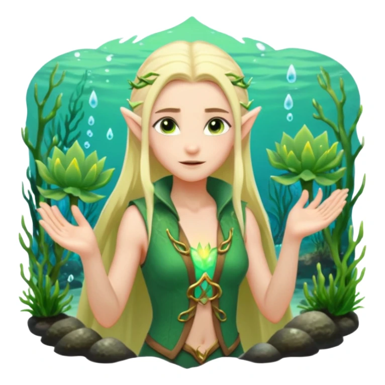 elf female legolas wading in shallow tide pool, palm emitting soft green light to heal glowing coral, practical open vest over bare chest, determined gaze, pointy ears, vibrant underwater plants, centered emoji, nature guardian summer sticker