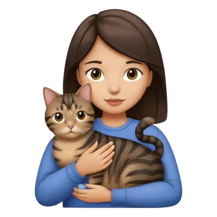 Brunette girl with light tan skin holding a fat black tabby cat sticker