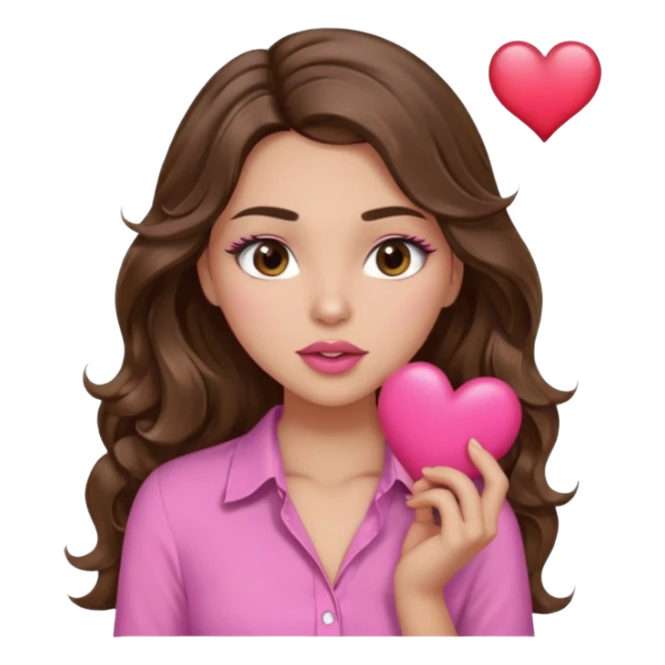 girl with long wavy brown hair, brown eyes, light to medium complexion, in a pink shirt, pink lips, long lashes, sexy , puckering, blushing, kissing a heart sexy sticker
