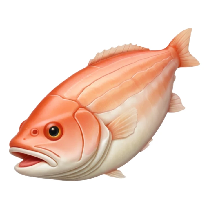 raw cod fillet, thick, boneless, slightly curved, pale ivory, pinkish translucent tones, smooth flaky texture, gentle muscle grain, soft contours, no skin, no plate, no garnish, no faces, clean 3D, soft shadows, transparent background, emoji scale sticker