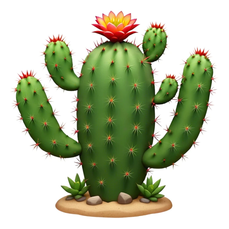 Cinematic Realistic Cactus Emoji, Tall and spiny, with thick, rounded stems covered in sharp spines. Bright flowers bloom at the tips of some branches, adding a pop of color against the desert backdrop. Soft glowing outline, capturing the essence of strength, survival, and desert beauty in a striking cactus! sticker