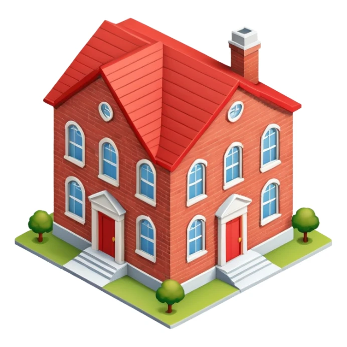 Red brick schoolhouse, isometric dollhouse-style, realistic sticker