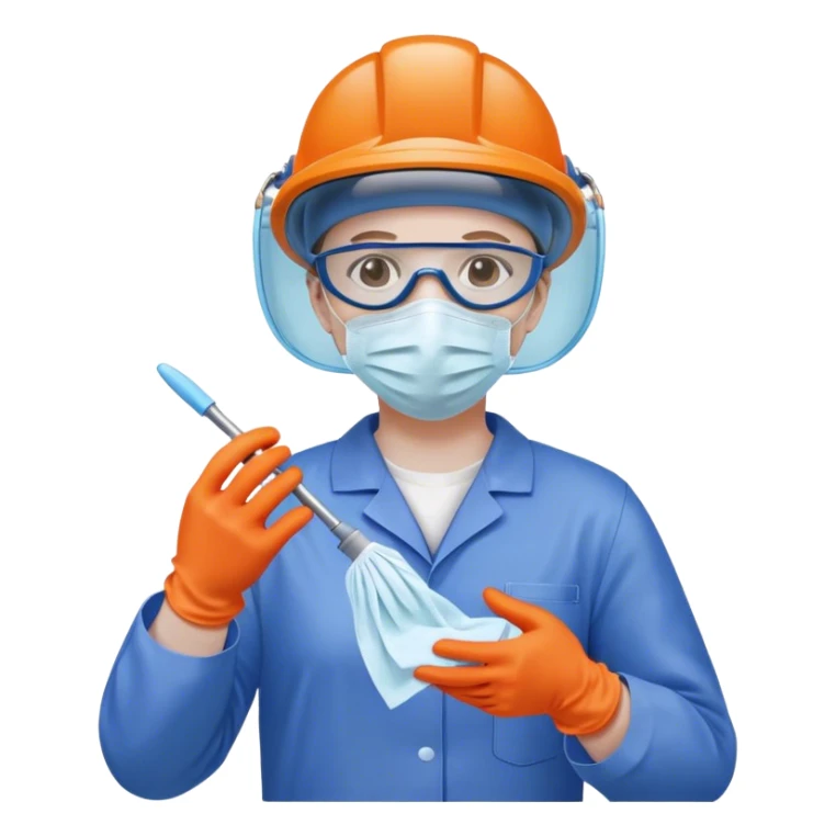 A meticulous cleanroom worker dressed in full protective gear, including a blue sterile suit, a face mask,  and orange gloves.  cleaning glasses with a wipe sticker