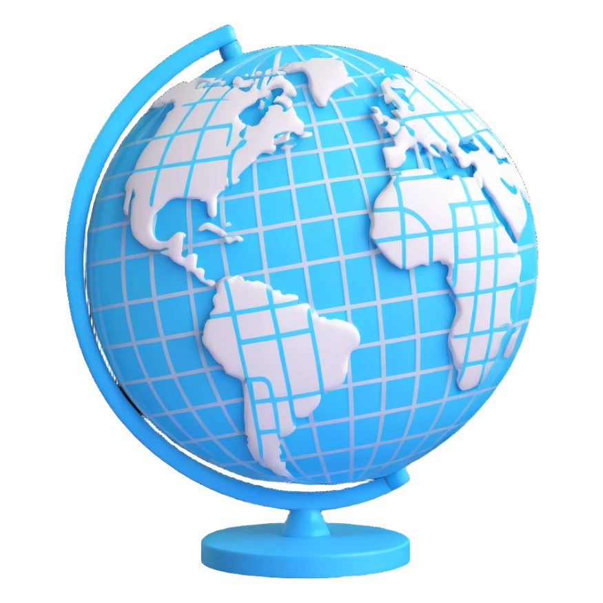 3D cyan globe icon with white land, modern style, with grid lines, slightly tilted sticker