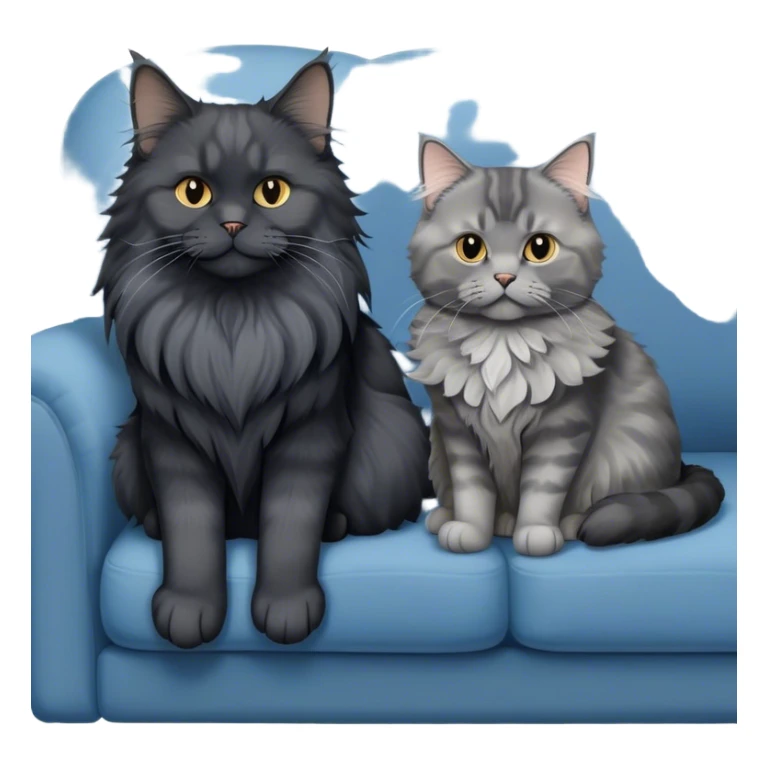 A large black smoke Maine Coon cat with long grey ear tufts and a fluffy grey ruff, sitting next to a chubby British Shorthair cat in blue color with plush fur, both sitting comfortably on a sofa. Beautiful room background with flowers and soft lighting. Transparent background. sticker