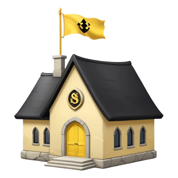 simple magic school, white background, magic school, black roof, with a big flag, big flag on a roof, big yellow flag, white school sticker