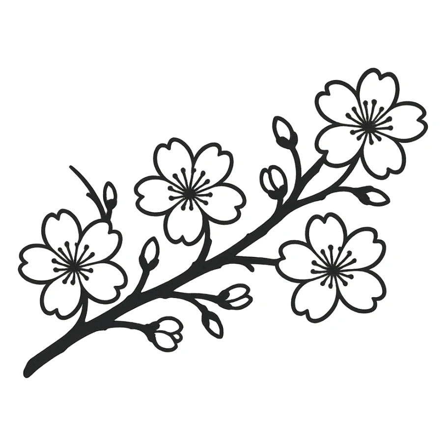 long single-color sakura branch in eastern style, minimalist, large flowers, no background, for sign decoration, 1200x100px sticker
