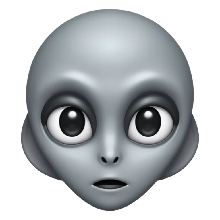 Grey alien head, big black eyes, cartoon emoji, no background sticker