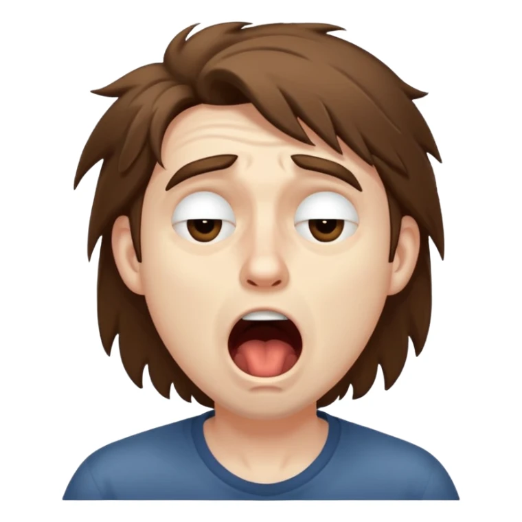 Weak man with disheveled hair, large dark circles under his eyes, and yawning sticker