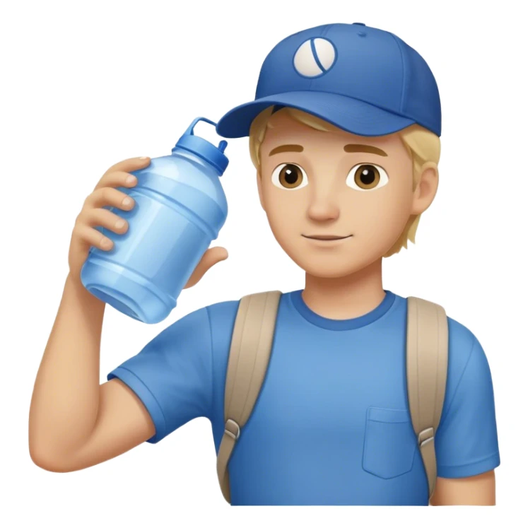 Blonde haired man wearing blue shirt and baseball cap delivering water jug which is placed on shoulder  sticker