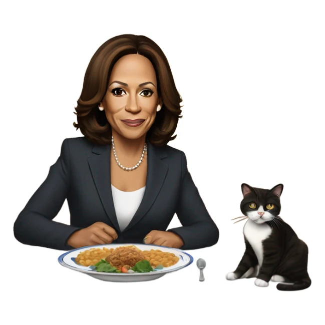Kamala Harris sitting a a table. There is a plate on the table with a sleeping cat. Kamala has silverware in her hand and her mouth is watering sticker